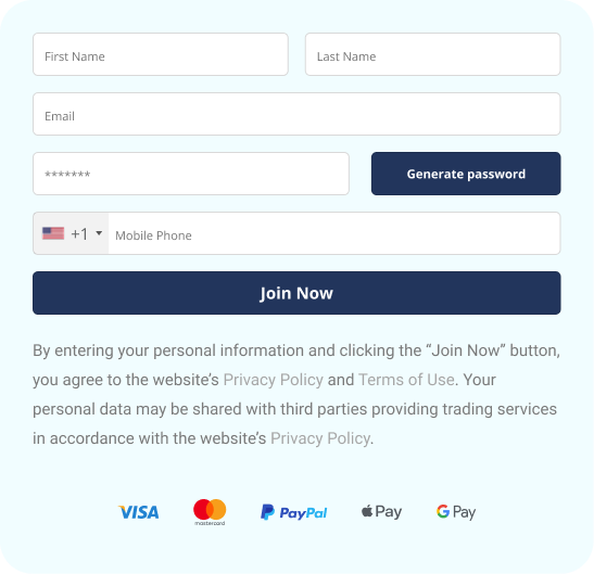 Tolfex sign up form with payment options
